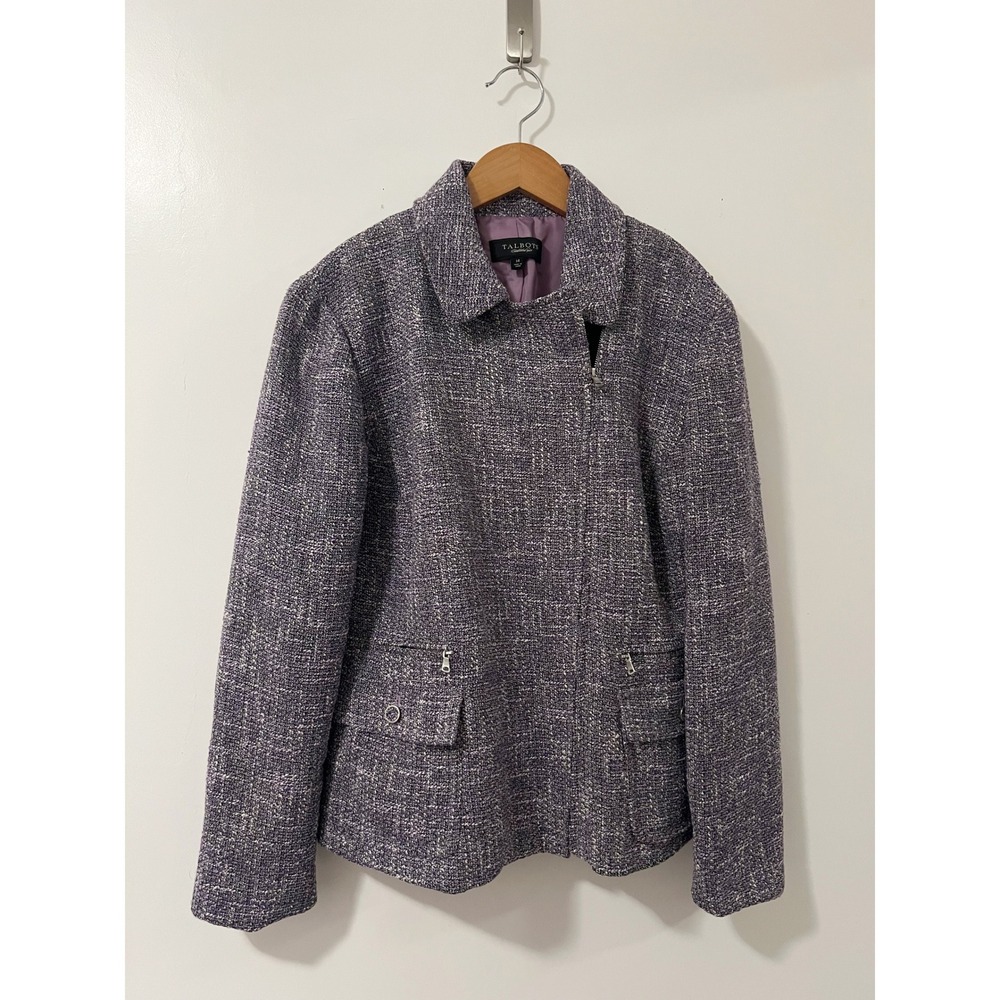 Talbots Purple Tweed Asymmetric Zip Moto Jacket Women Size 14 Collared Textured